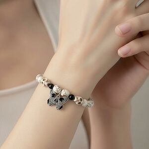 Handcrafted Butterfly Skull Charm Bracelet with Magnesite And Obsidian Beads
